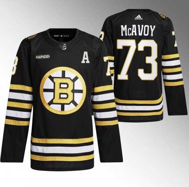 Men's Boston Bruins #73 Charlie McAvoy Black With Rapid7 Patch 100th Anniversary Stitched Jersey Dzhi